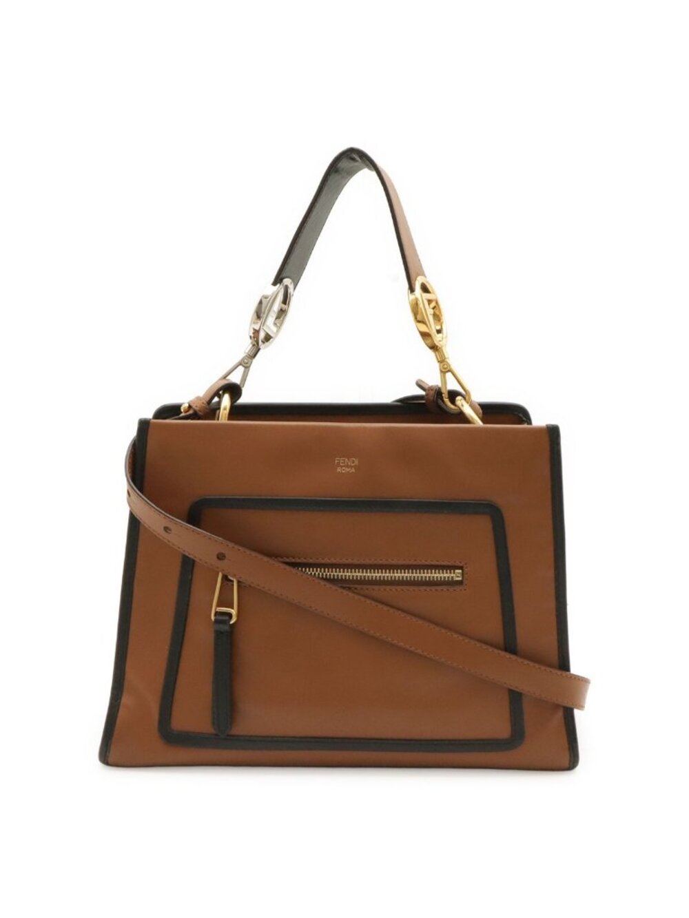 Fendi Run Away Small Shoulder Bag 2-Way Leather Brown Black Gold Silver